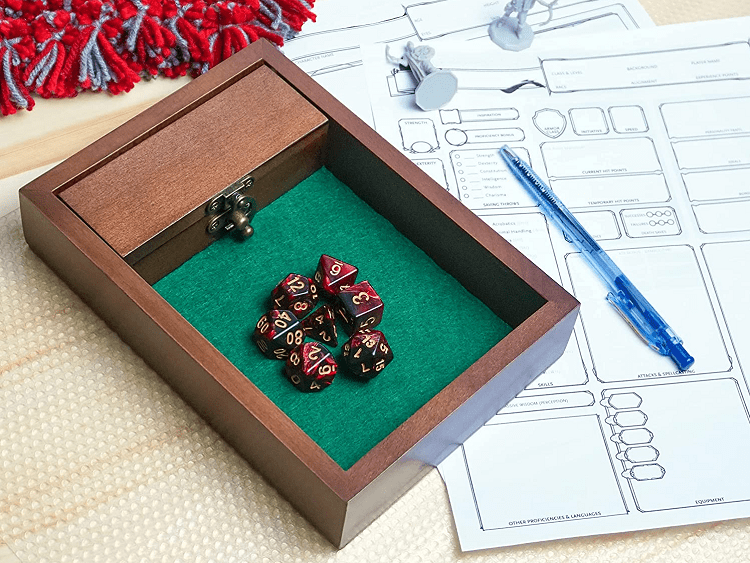 Wooden D&D Dice Rolling Tray with Dice Storage Vault